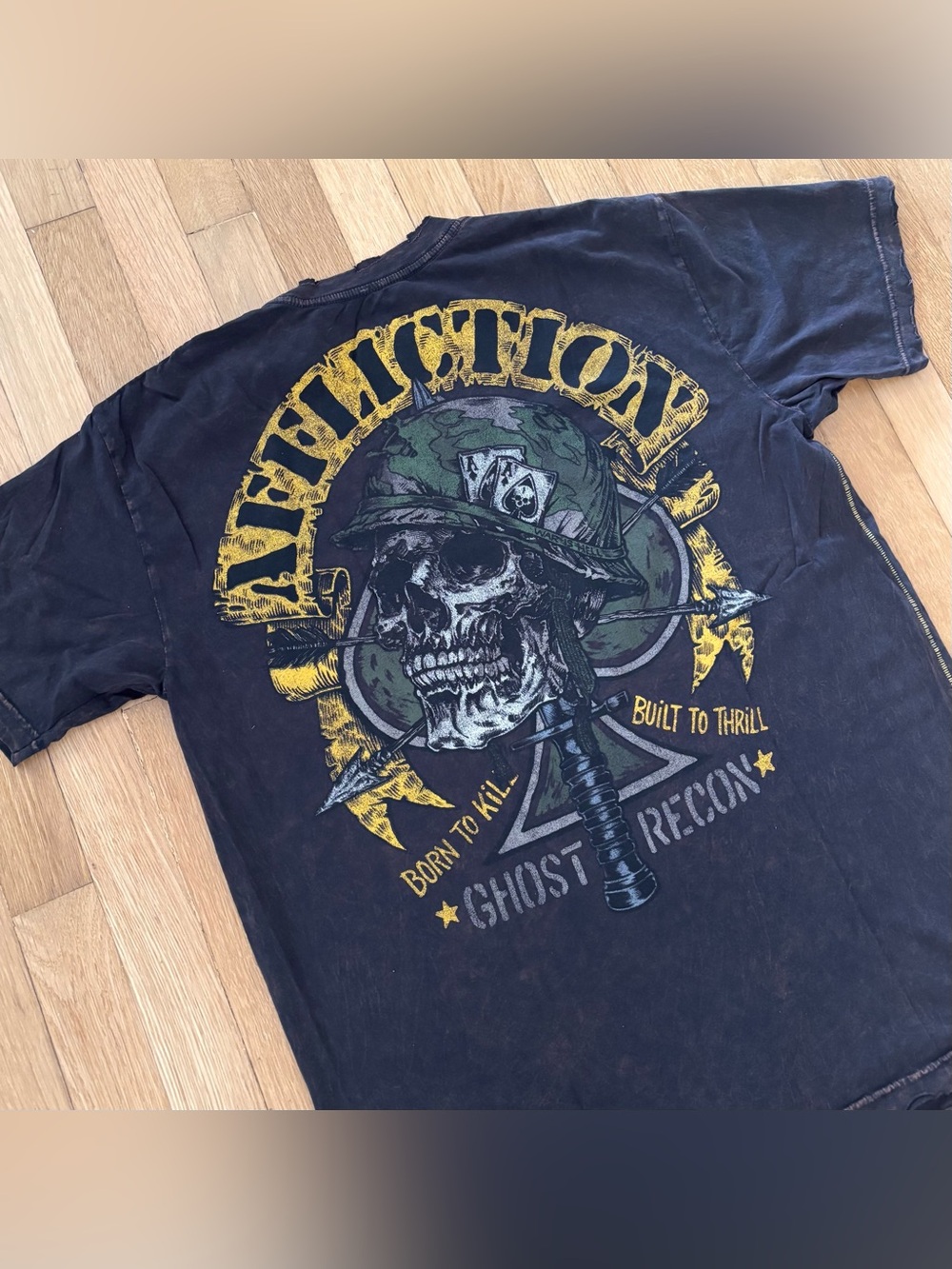 Vtg Affliction American Customs Ghost Recon Shirt Mens XL Black Lava Wash USA
